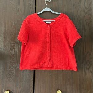 Sangam 100% cotton red short sleeved top. Size Large. (Has linen appearance)